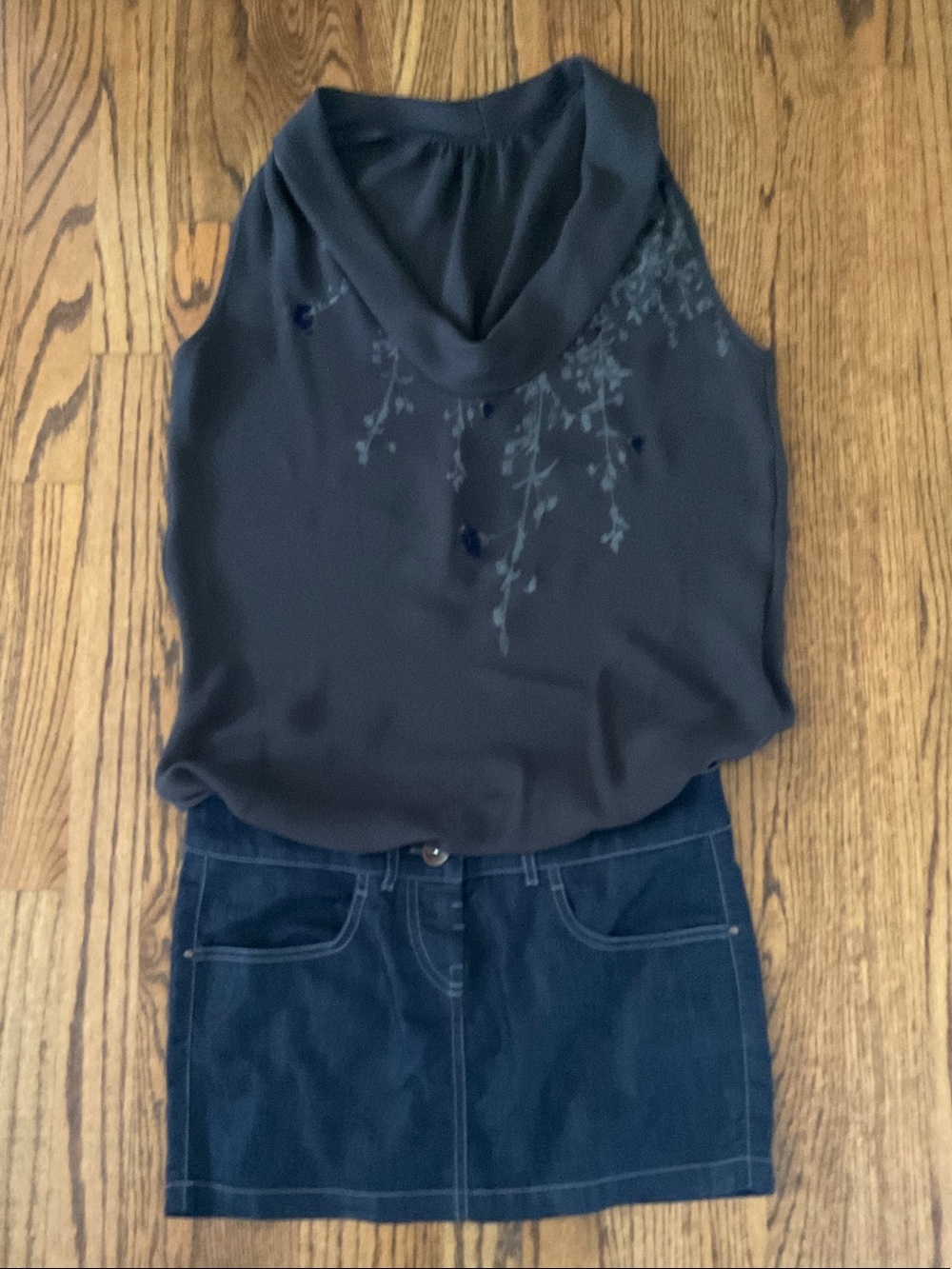 Sleeveless Cowl Neck Embellished Top with attached skirt